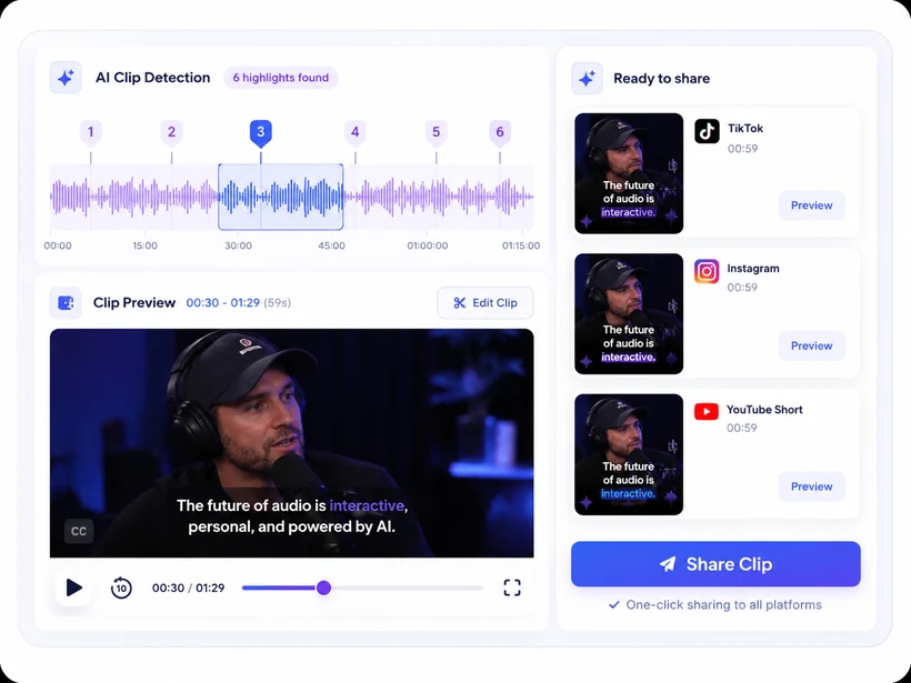 MyPodOps Clips — AI clip detection and one-click social sharing