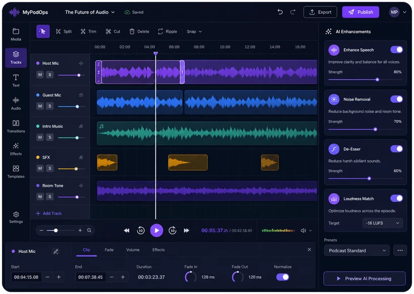 MyPodOps Editor — multitrack audio editing with AI enhancements