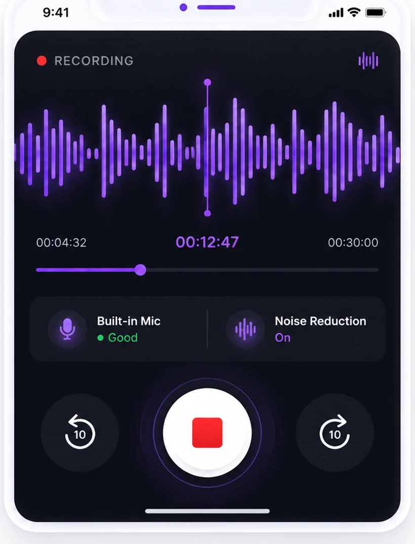 MyPodOps podcast recording app with live waveform and noise reduction