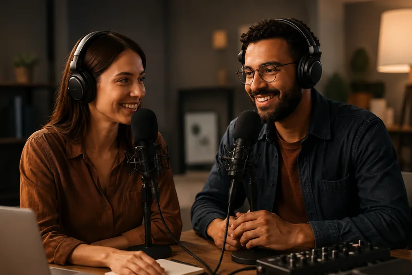 Podcast team co-hosting an episode in a studio