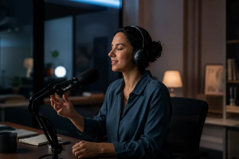 Solo podcast creator recording in a home studio