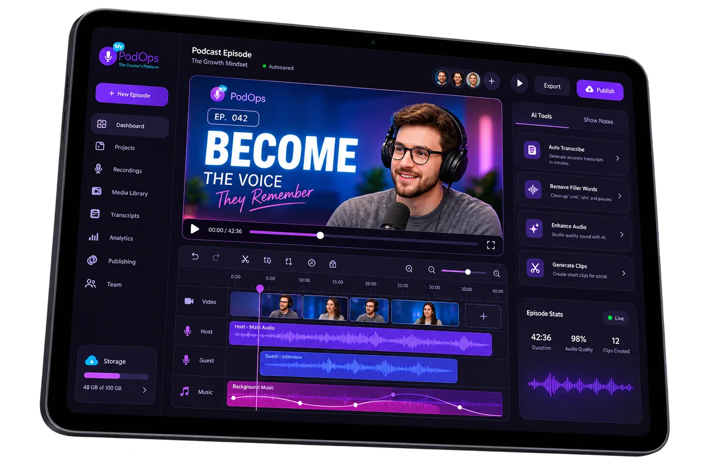 The MyPodOps creator studio — record, edit, and publish from one place