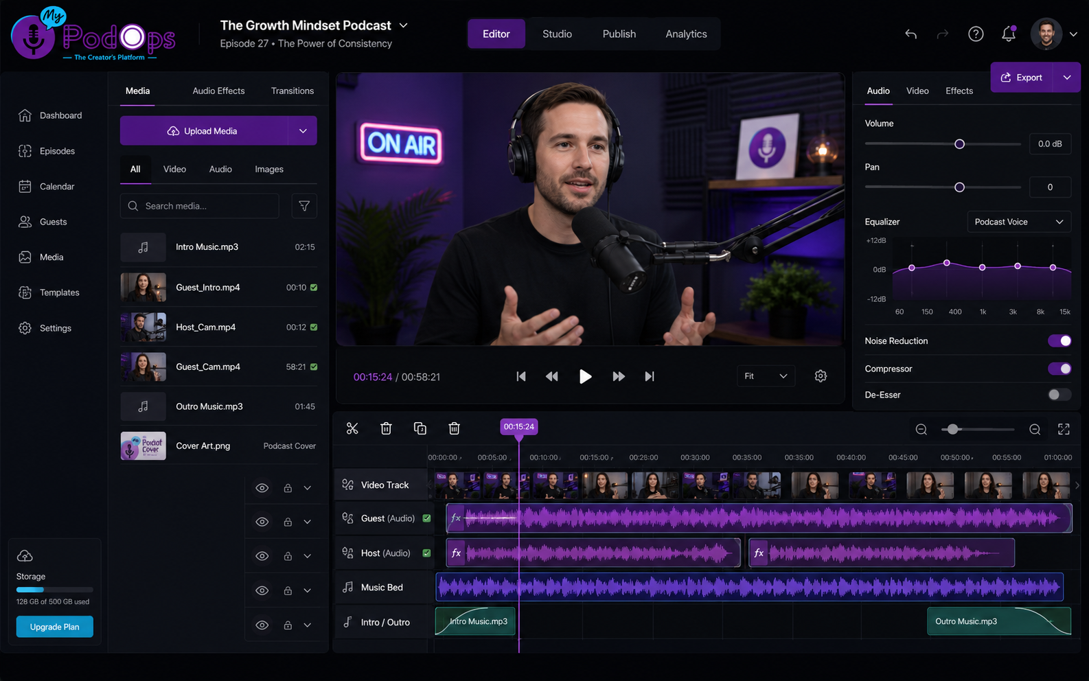 MyPodOps Studio editor with multi-track waveforms