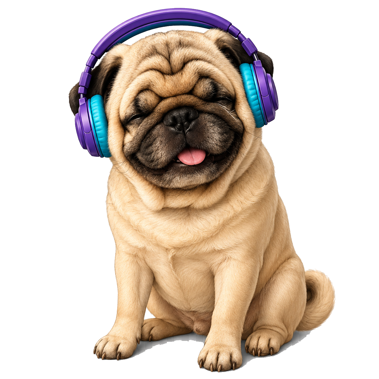 Boo Boo the MyPodOps pug mascot wearing headphones